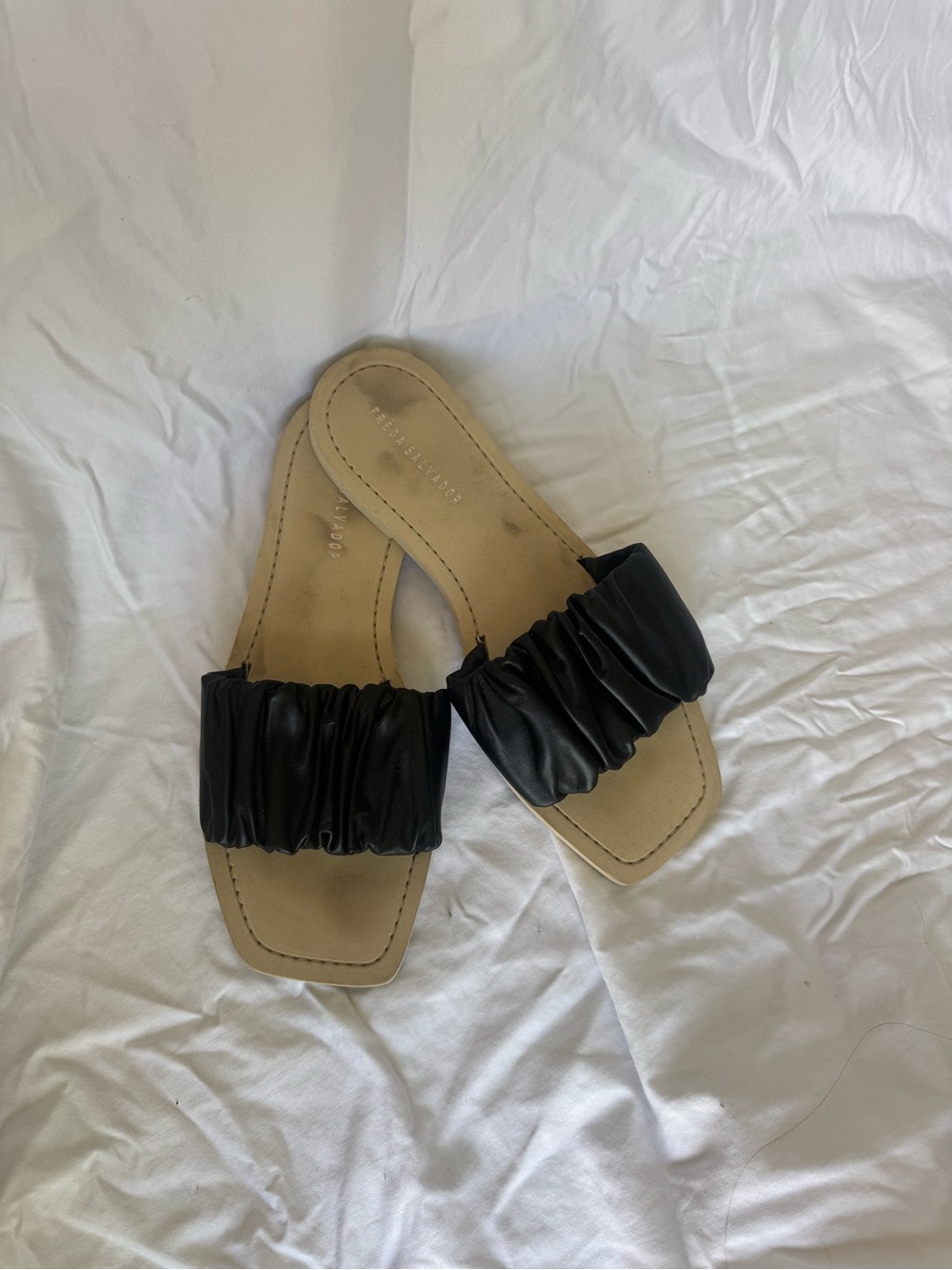 Freda Salvador Black leather Ruched Slide Sandals